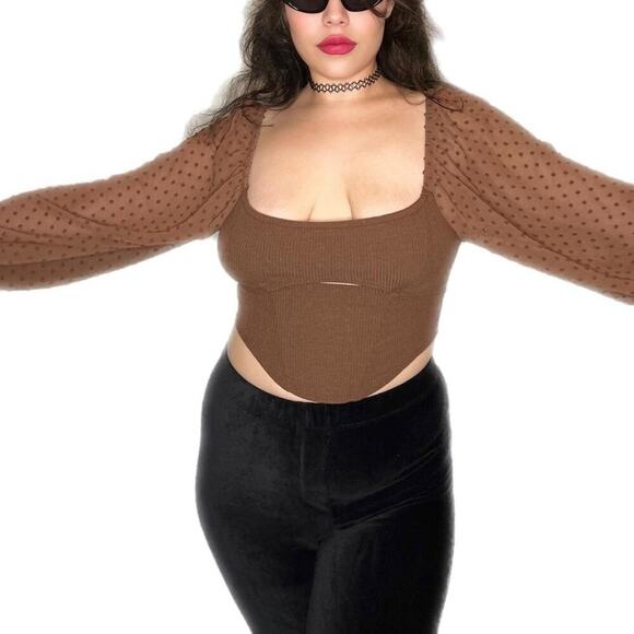 UO Urban Outfitters Brown Ribbed Cut Out Sheer Cropped Crop Top Medium Y2K Style - Picture 1 of 6